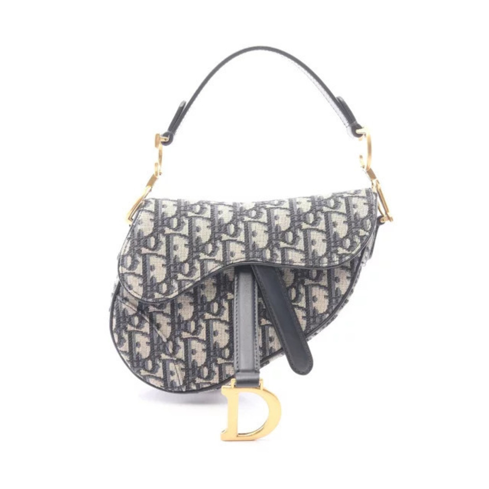 Christian Dior Saddle Bag Oblique Handbag Canvas Leather Navy Blue Beige